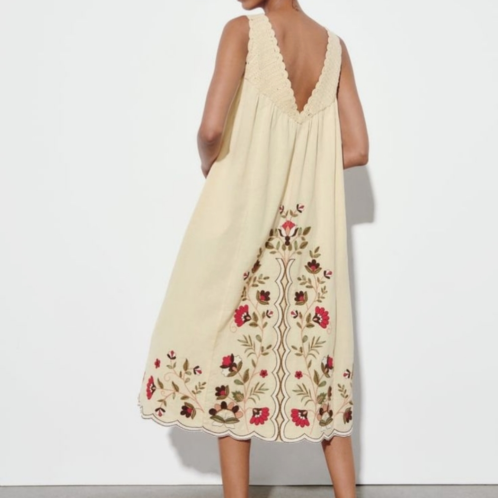 Zara Cotton Embroidered Contrast Chrochet Knit Midi Cottagecore Floral Dress M